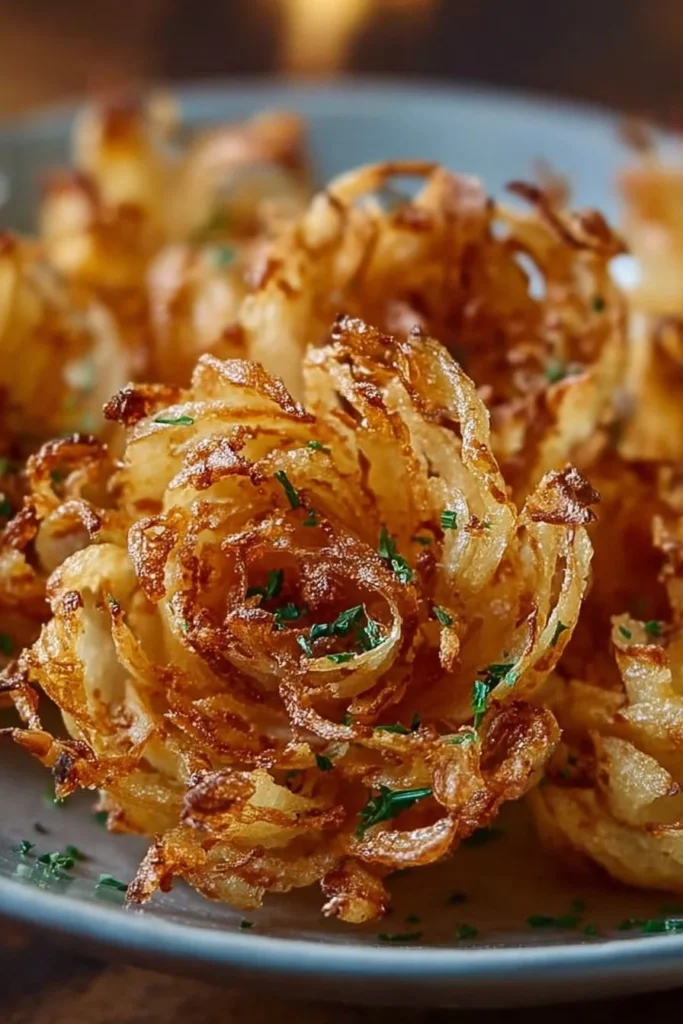 Air fryer crispy mini blooming onions garnished with herbs and served with sauce