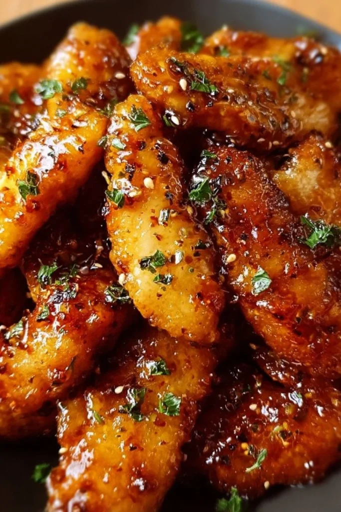 Crispy air fryer honey butter garlic chicken tenders served with dipping sauce.