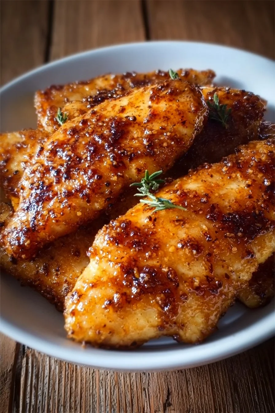 Juicy Air Fryer Maple Glazed Chicken Breast served on a plate with herbs