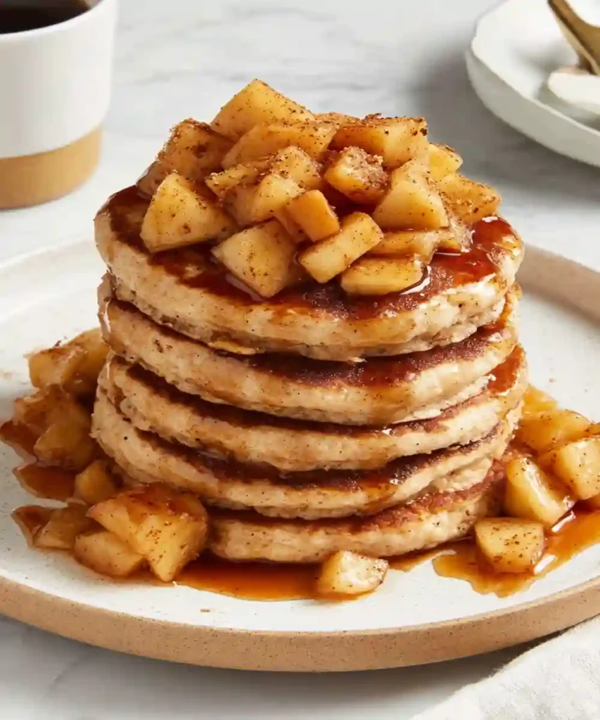 stack of fluffy pancakes topped with caramelized apple chunks and cinnamon syrup