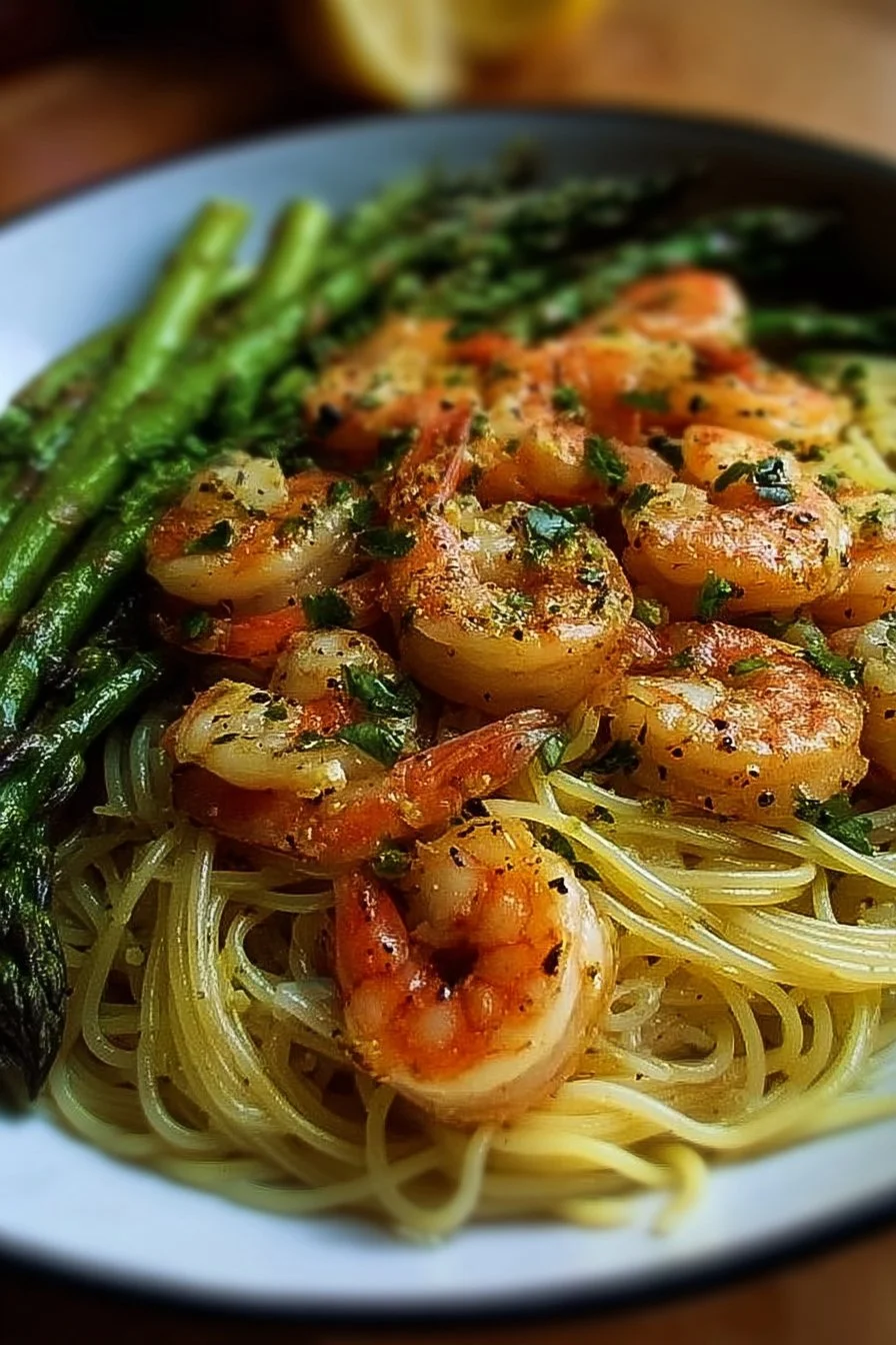 Delicious asparagus shrimp pasta with angel hair noodles, garnished with herbs