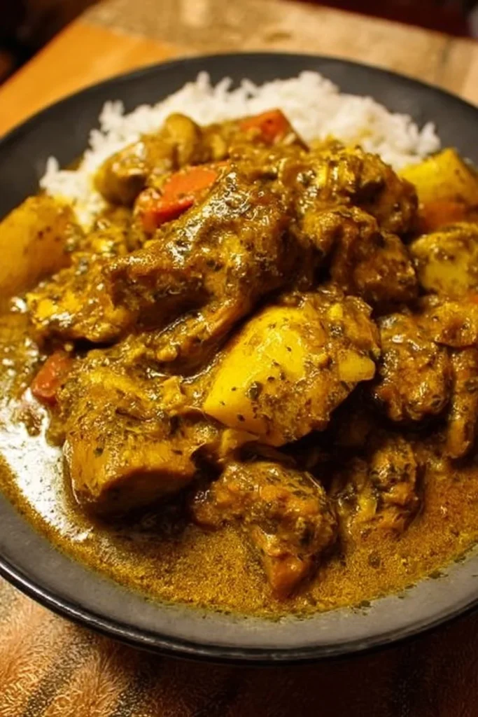 Delicious plate of authentic Jamaican curry chicken garnished with herbs