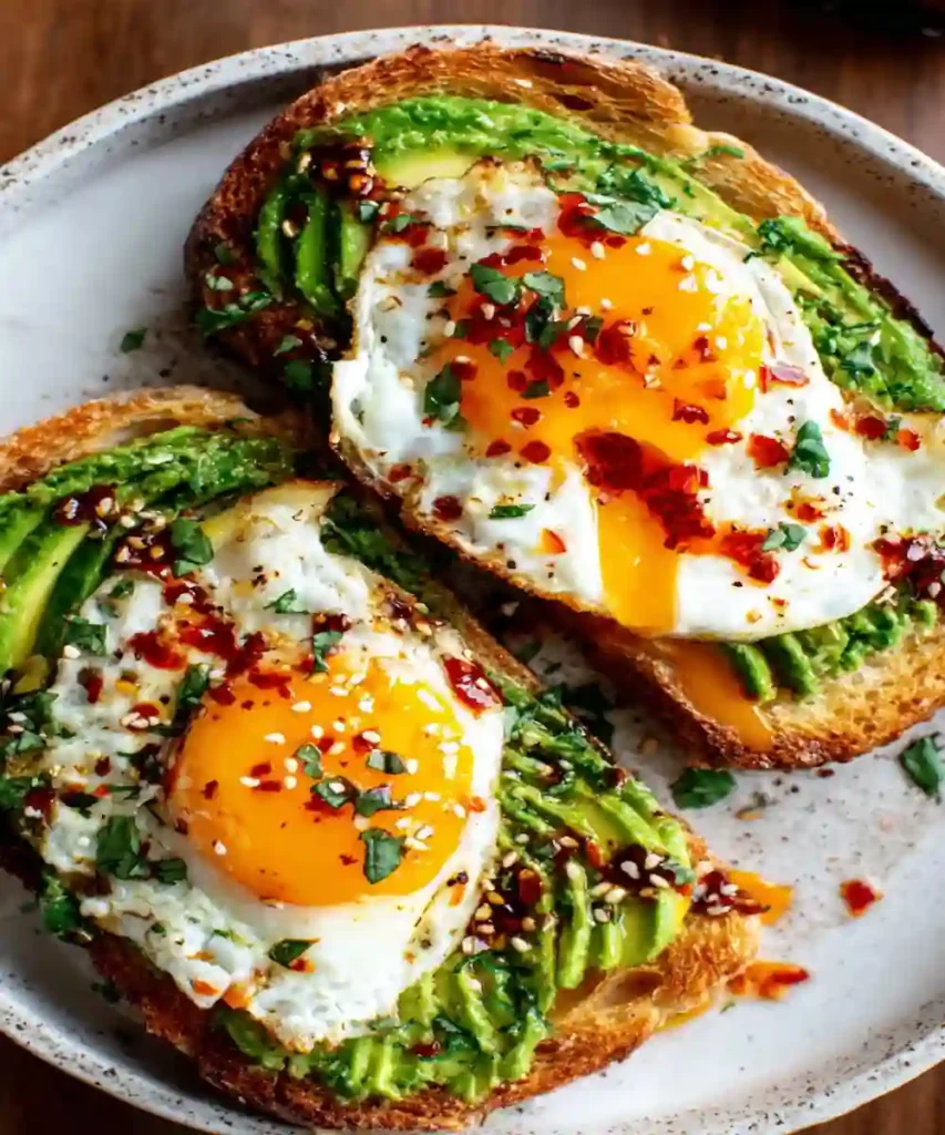 toasted sourdough with smashed avocado, sunny-side eggs, chili flakes, and herbs