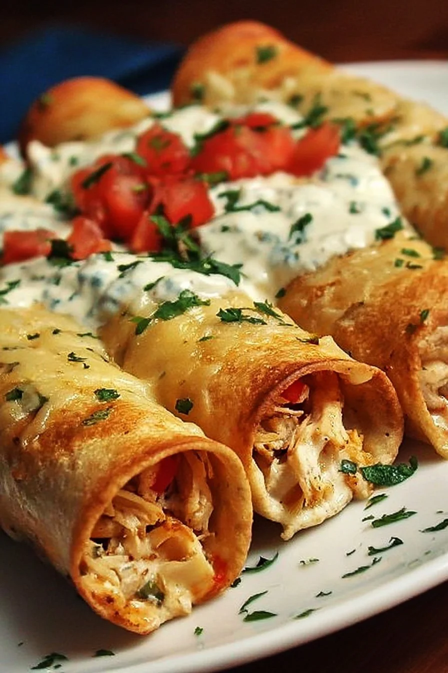 Delicious baked cream cheese chicken taquitos served on a plate.