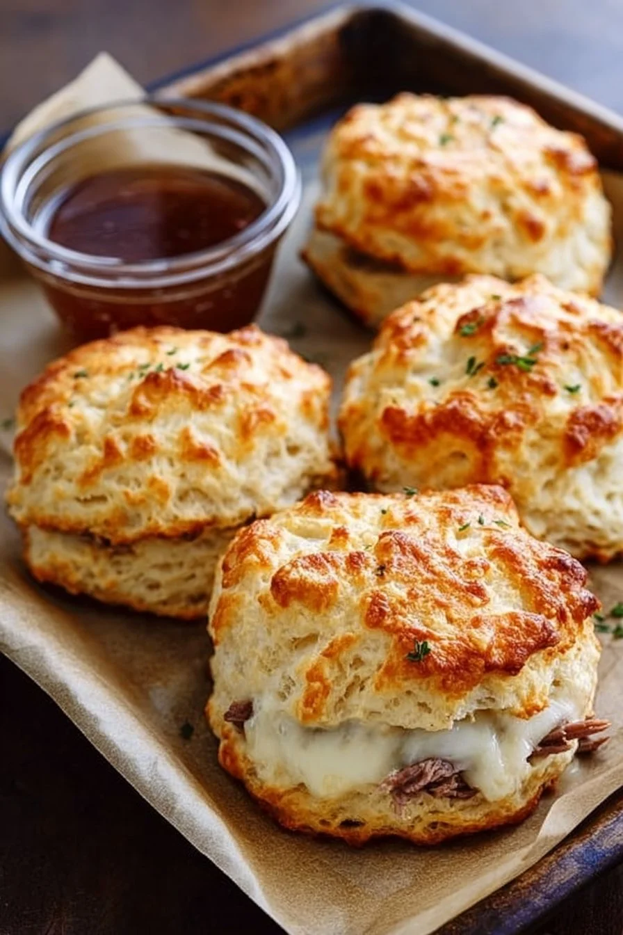 Baked French Dip Biscuits served with au jus for dipping