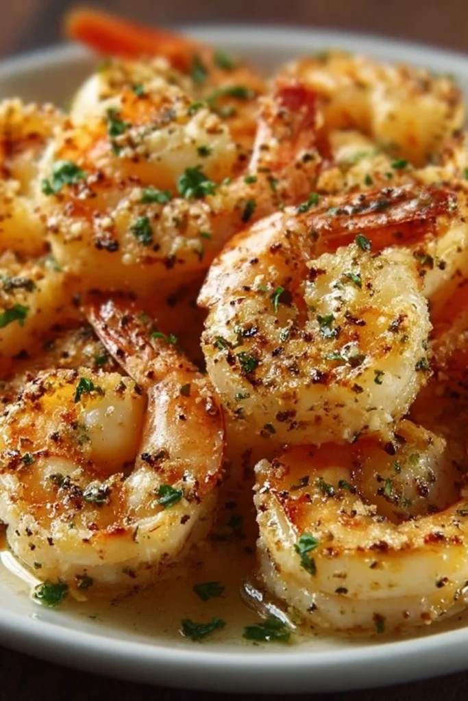 Baked garlic parmesan shrimp served on a plate, garnished with parsley.