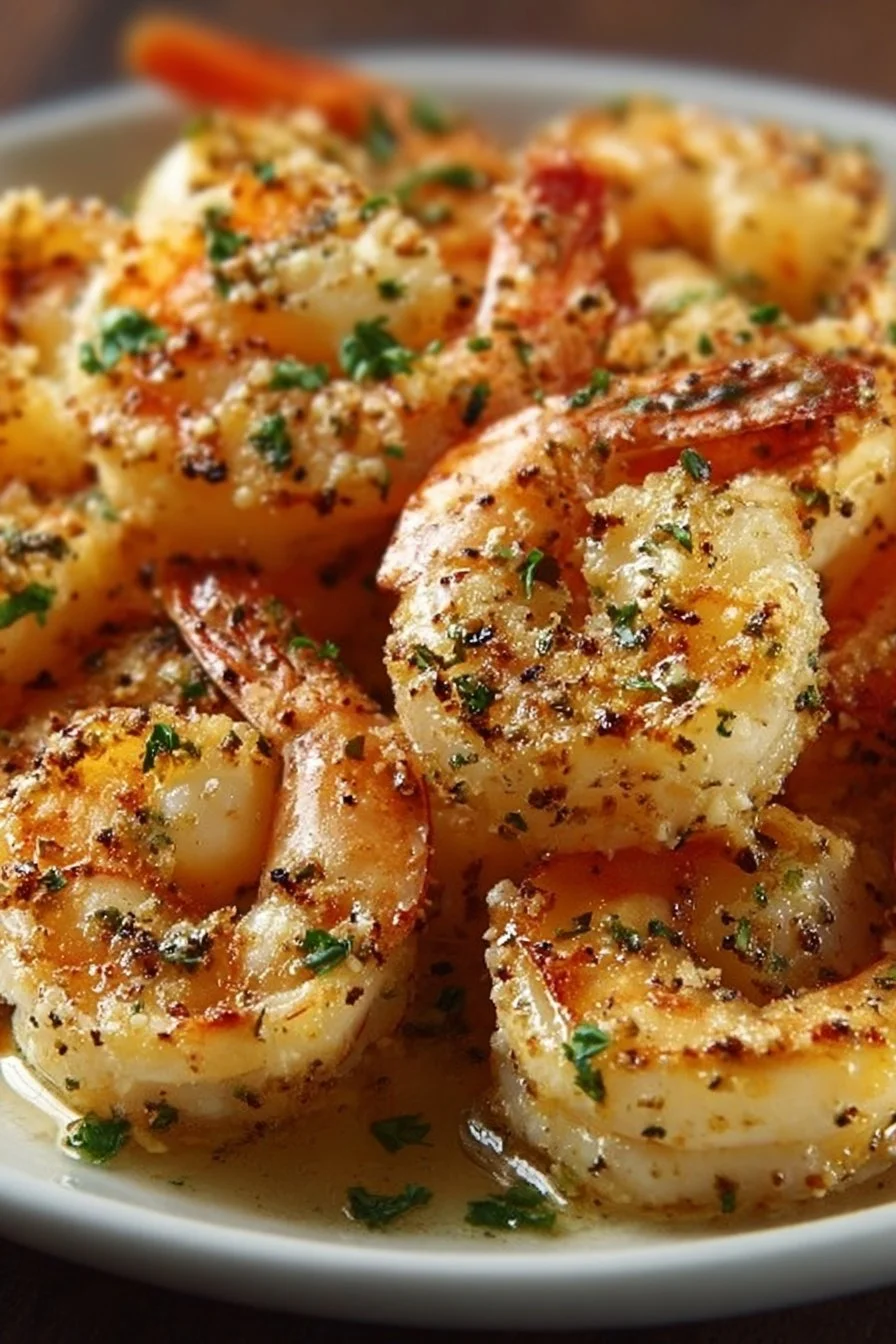 Baked garlic parmesan shrimp served on a plate, garnished with parsley.