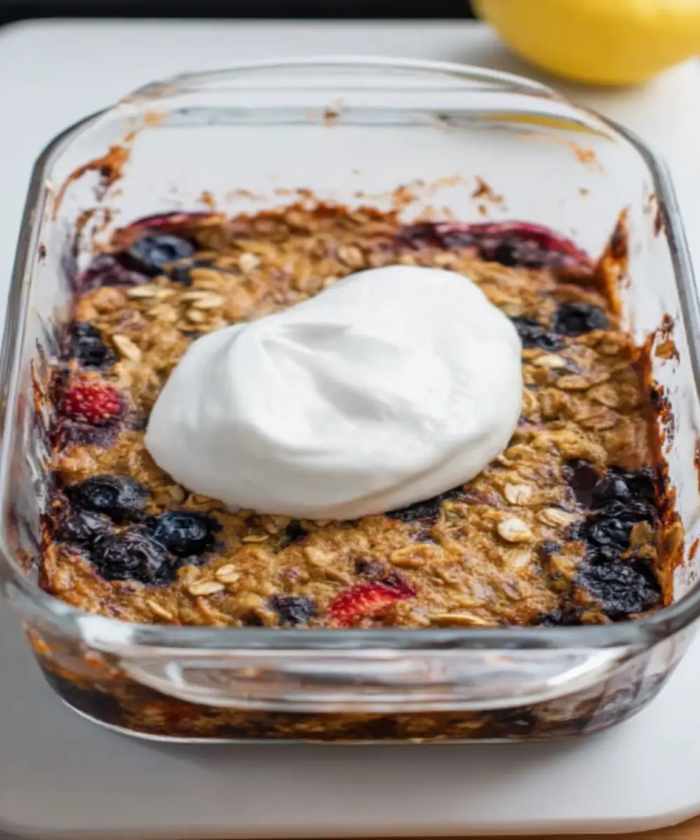 Baked protein oats topped with Greek yogurt in a glass dish with mixed berries