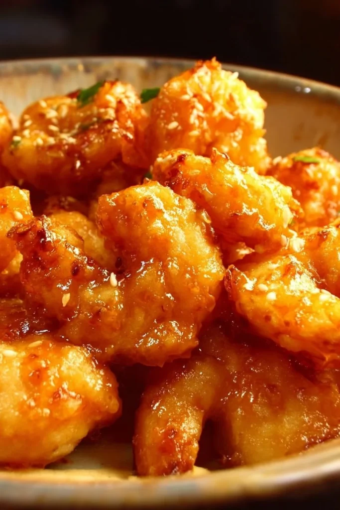 Plate of crispy Bang Bang Shrimp drizzled with spicy sauce and topped with green onions.