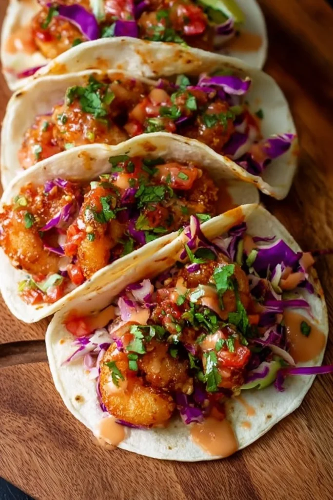 Delicious Bang Bang Shrimp Tacos topped with fresh ingredients and served in a soft tortilla.