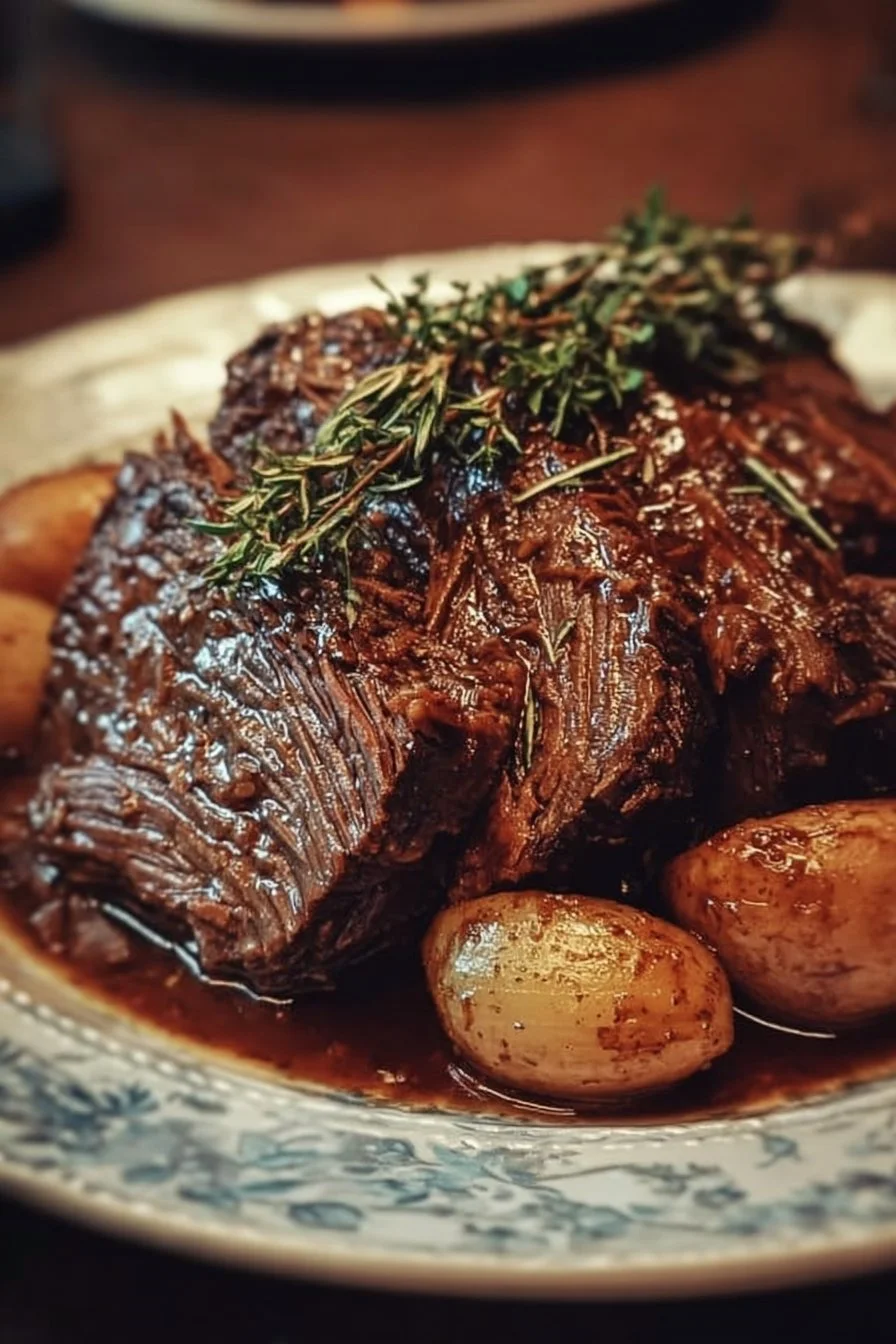 Delicious best ever pot roast served on a plate with vegetables