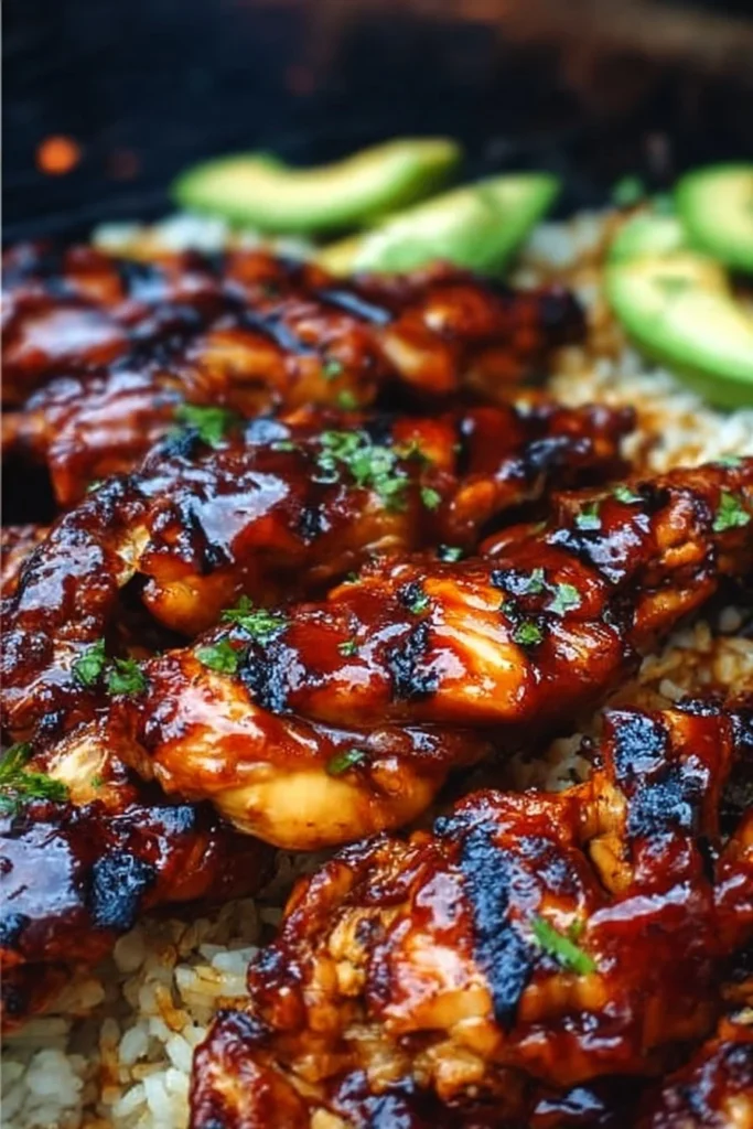 Delicious Hawaiian BBQ Chicken served with grilled pineapples and rice