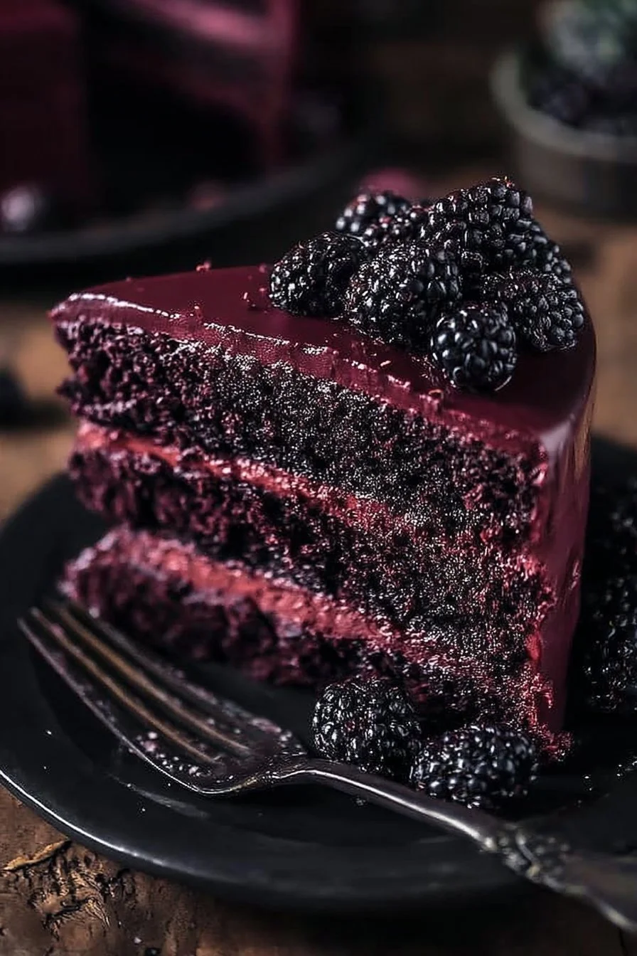 Blackberry Velvet Gothic Cake decorated with dark berries and velvety icing