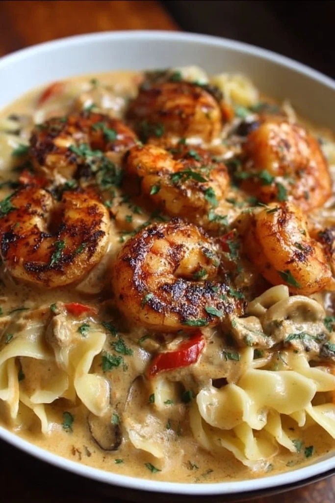 A bowl of creamy Blackened Shrimp Stroganoff served with pasta and herbs