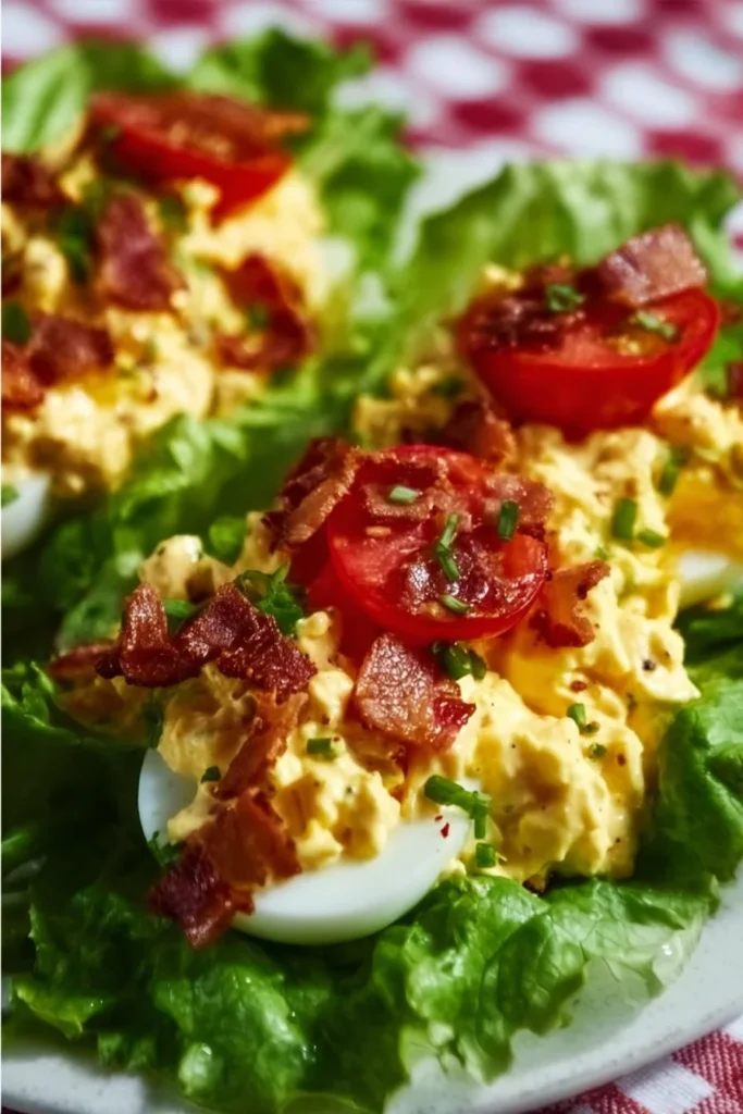 BLT egg salad lettuce wraps served on a plate with fresh ingredients.
