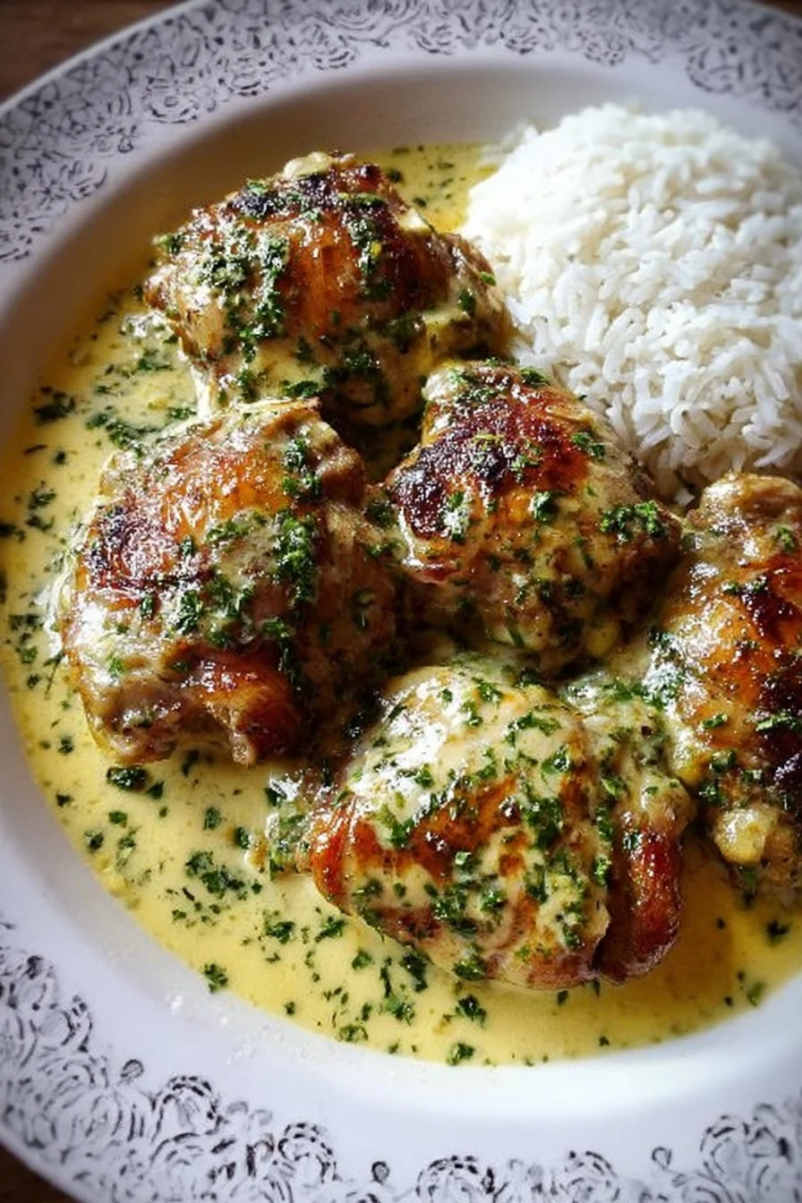 Bobby Flay's chicken thighs served with creamy garlic sauce on a plate