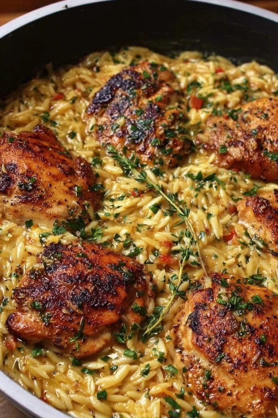 Garlic butter chicken served with orzo and boneless thighs