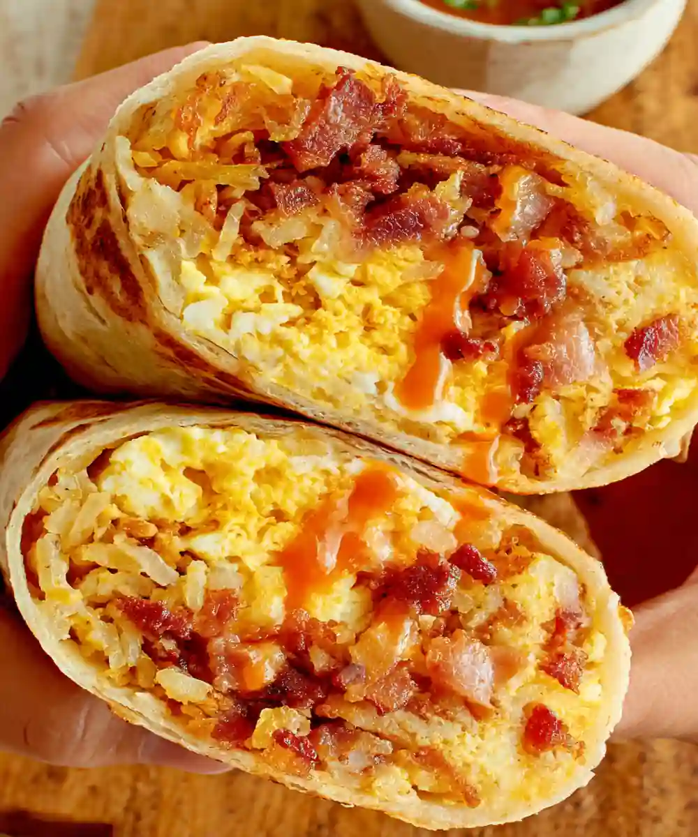 Close-up of breakfast burrito with scrambled eggs, bacon, crispy hash browns, and hot sauce