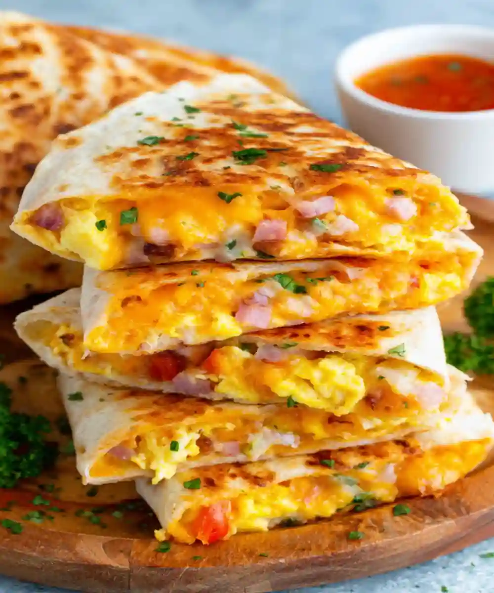 stacked breakfast quesadillas filled with scrambled eggs, ham, cheddar cheese, and herbs