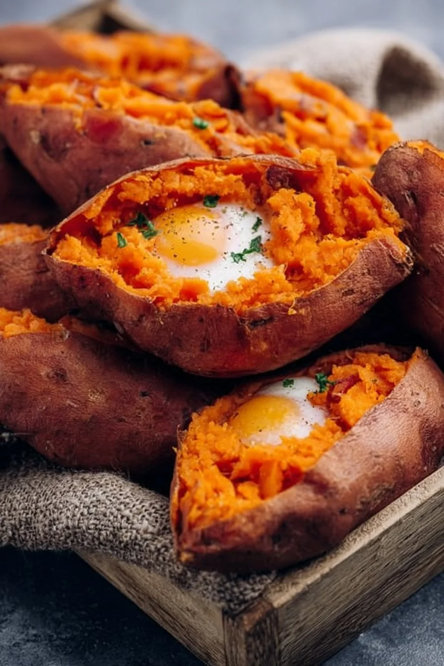 Delicious breakfast sweet potatoes topped with fresh herbs and spices