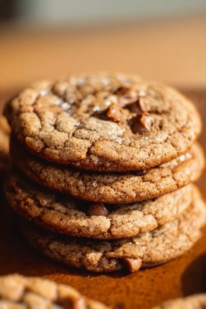 Delicious brown butter coffee toffee cookies on a wooden table.