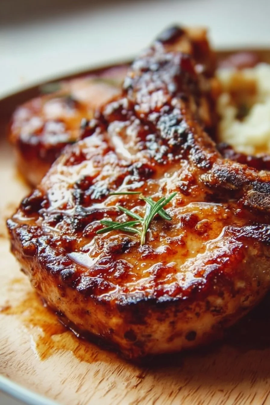 Plate of brown sugar pork chops garnished with herbs.