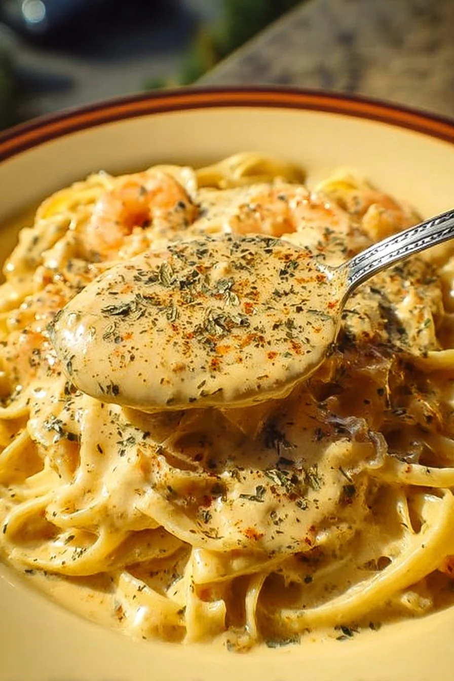 Bowl of Cajun Alfredo sauce over pasta garnished with herbs