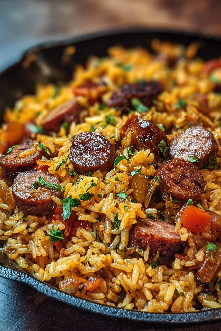 Cajun sausage and rice skillet garnished with fresh herbs