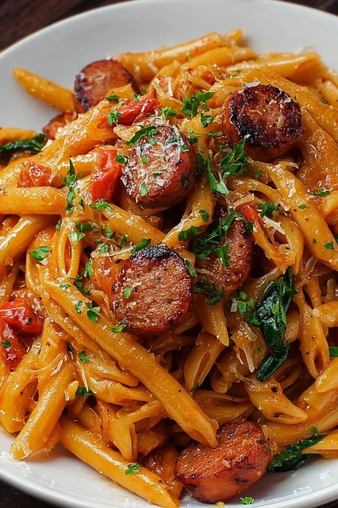 A bowl of Cajun Sausage Pasta showcasing vibrant colors and rich flavors.