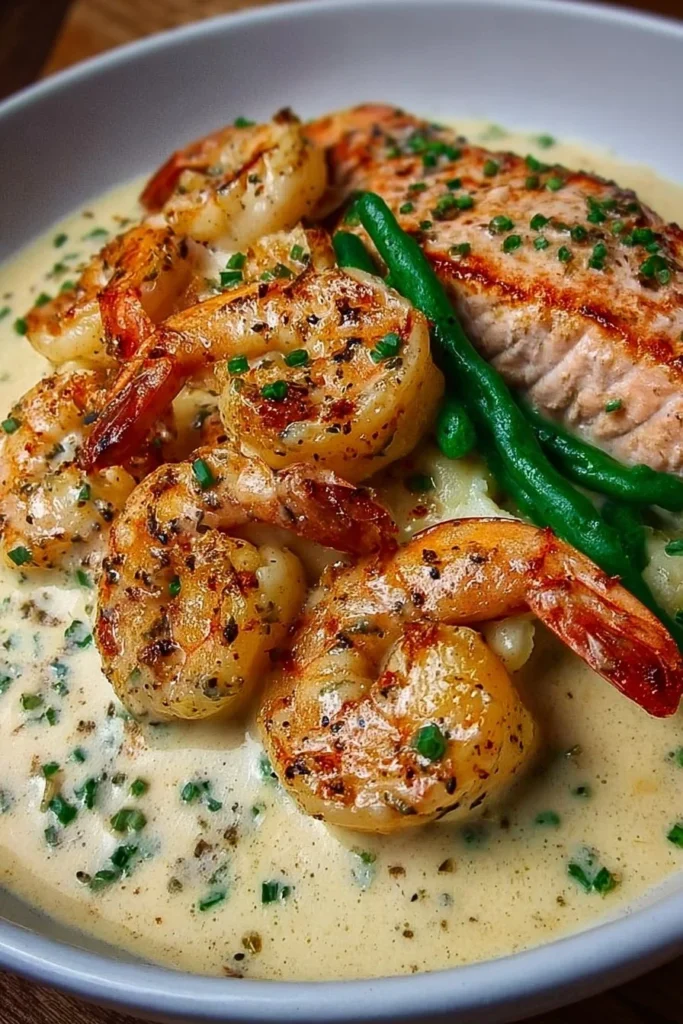 Cajun shrimp and salmon in garlic cream sauce served on a plate.
