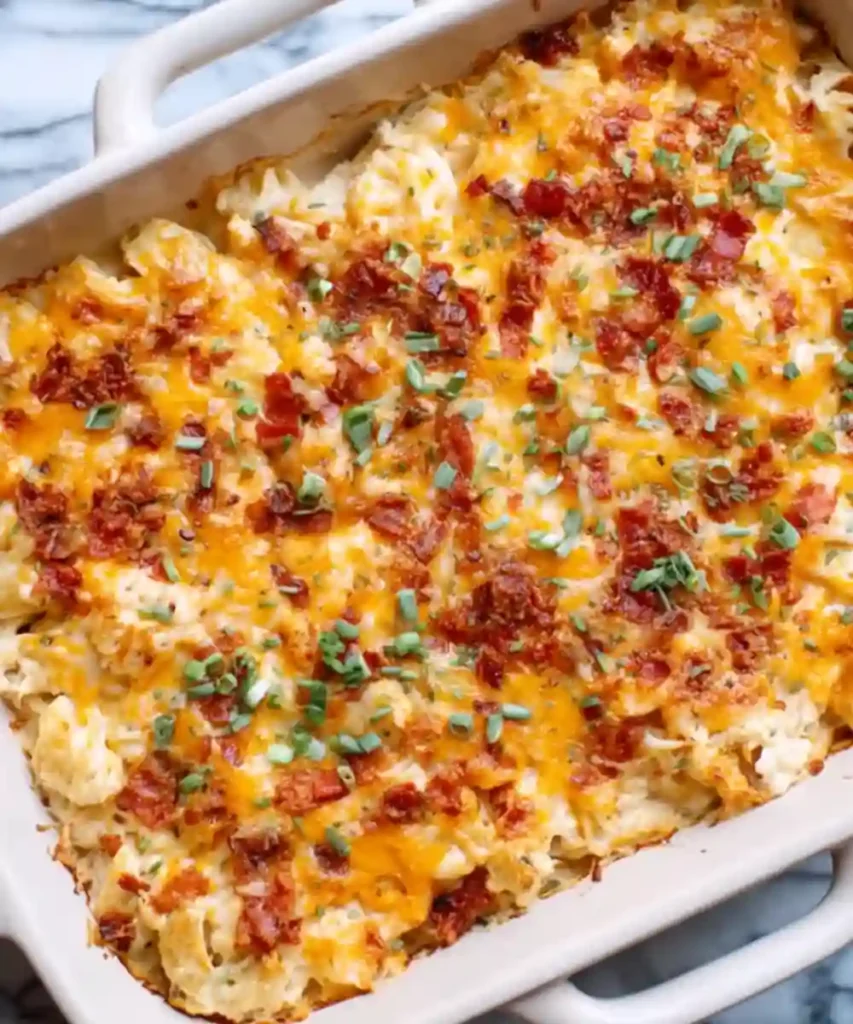 Baked cheddar ranch chicken casserole topped with crispy bacon, melted cheese, and chopped green onions in a ceramic dish