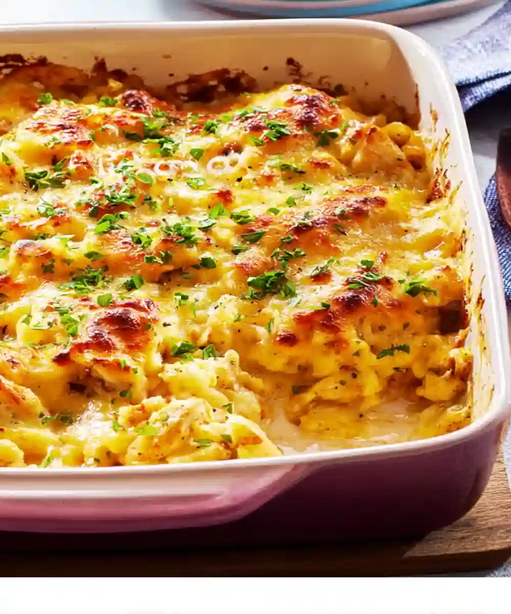 Golden cheesy chicken pasta bake in a casserole dish, topped with melted cheese and chopped parsley