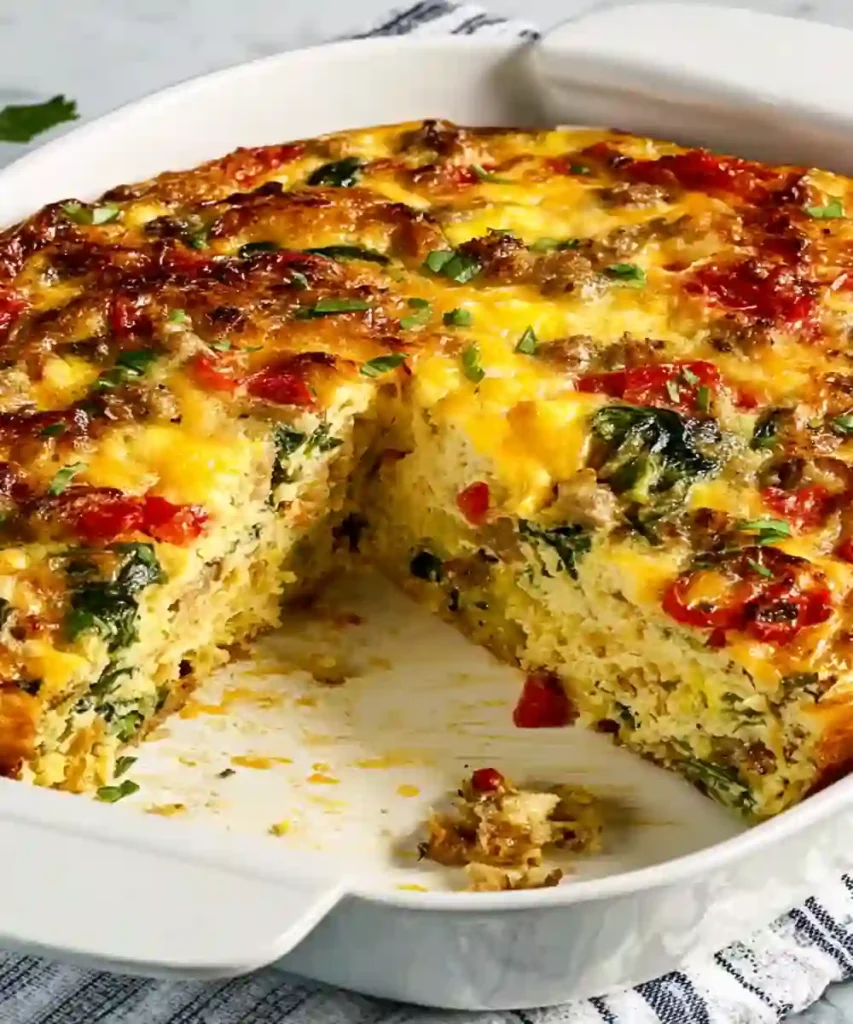 Cheesy breakfast egg bake with spinach, sausage, and red peppers in white casserole dish