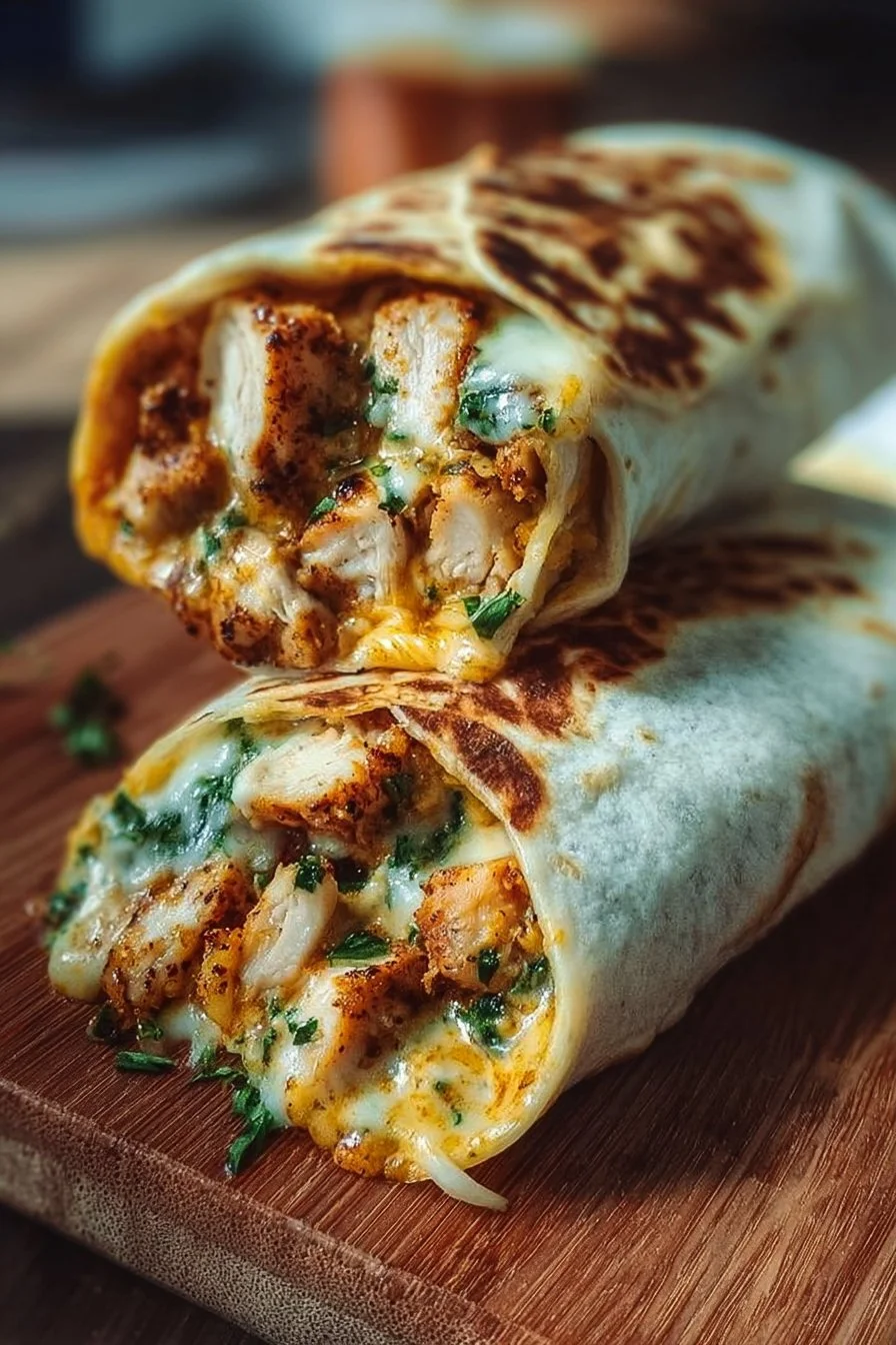 Cheesy Garlic Chicken Wraps with fresh ingredients and melted cheese