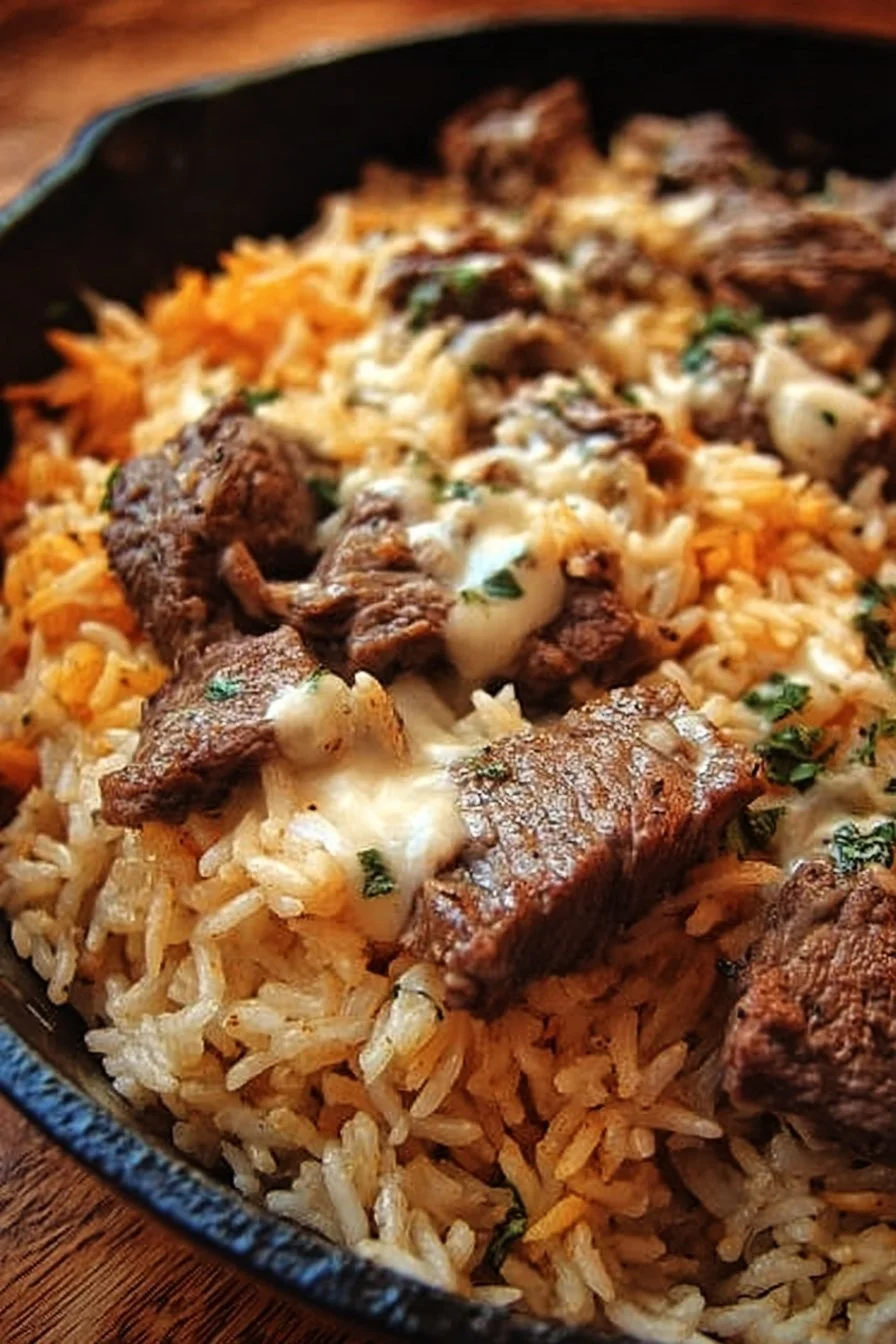 Cheesy steak and rice skillet, a flavorful one-pan dish
