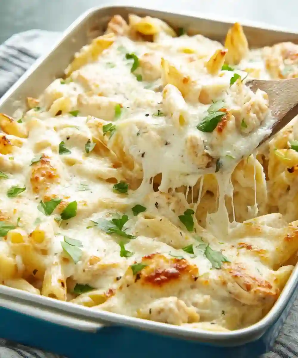 Creamy chicken alfredo pasta bake topped with melted mozzarella and fresh parsley, served in a blue baking dish