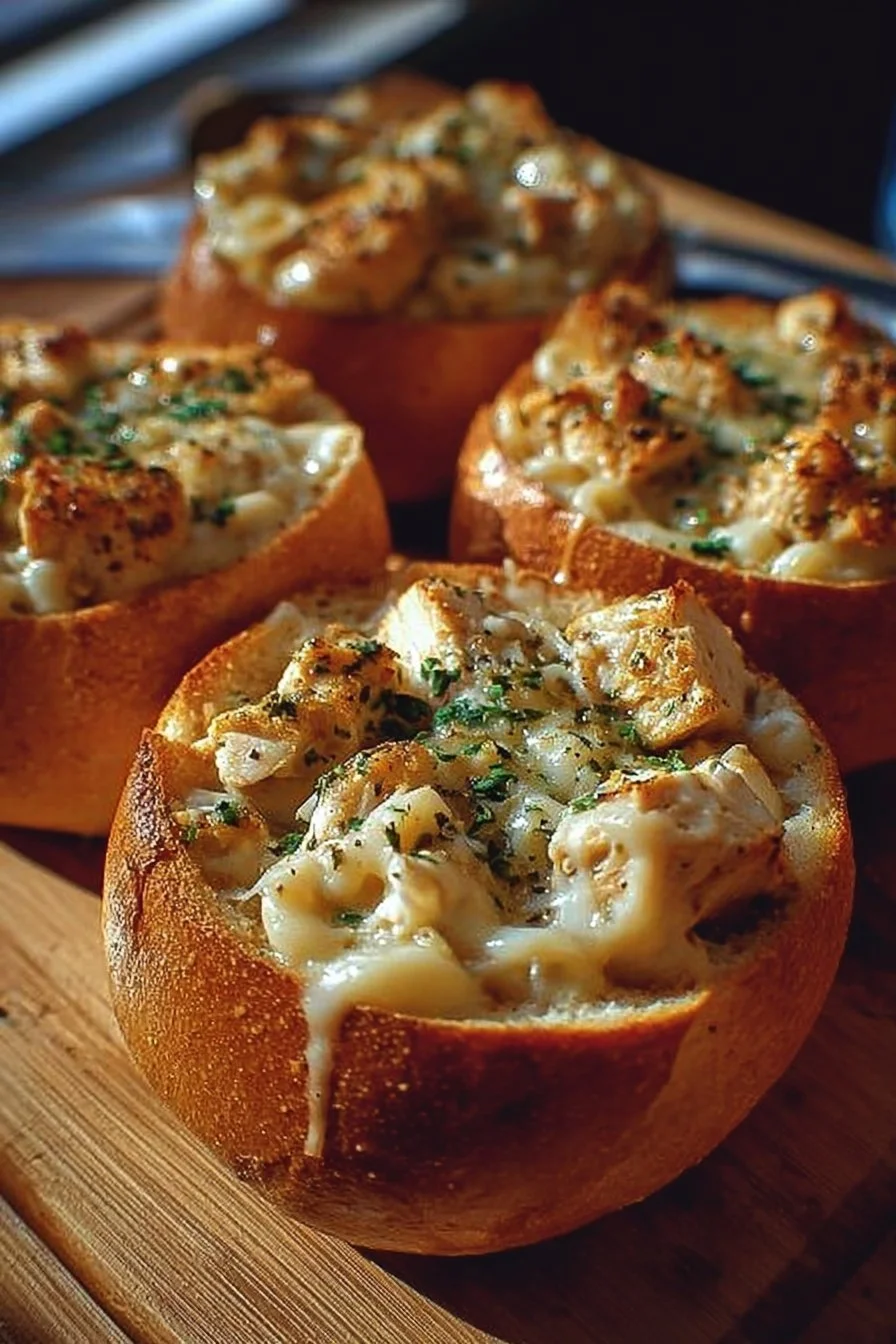 Chicken Alfredo served in garlic bread bowls, delicious and comforting meal.