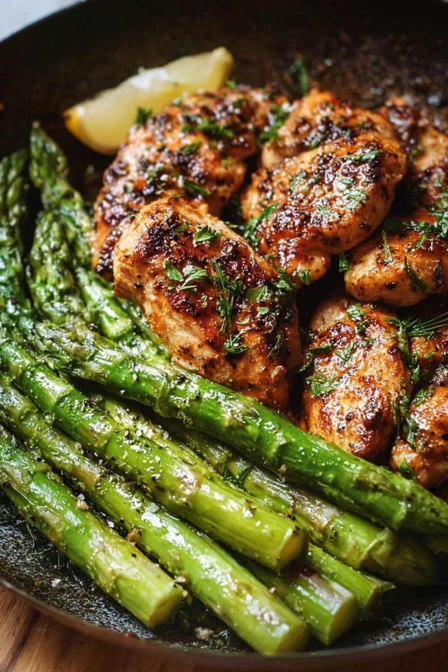 Plate of chicken and asparagus dish with vibrant colors and fresh ingredients