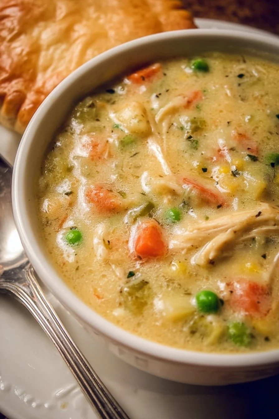 Delicious chicken pot pie soup served in a bowl with herbs on top