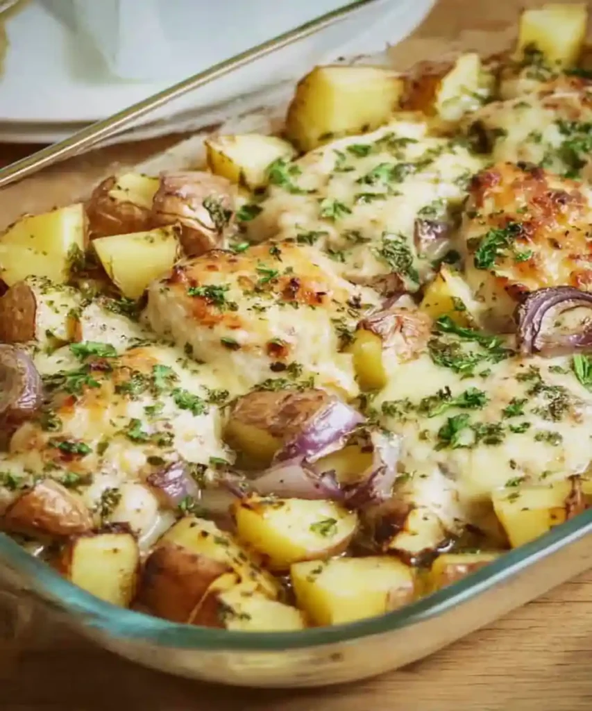Baked chicken breasts with golden potatoes, red onions, and herbs in a glass casserole dish