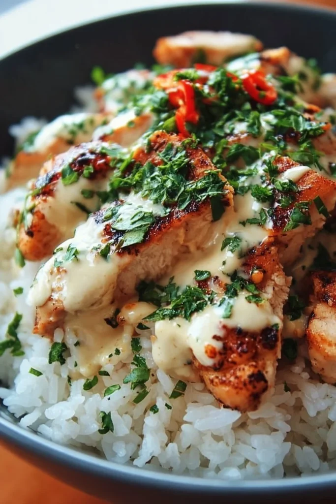 Delicious chicken rice bowl with creamy garlic sauce garnished with herbs