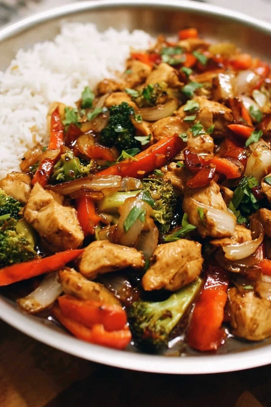 Colorful chicken stir-fry with vegetables in a skillet