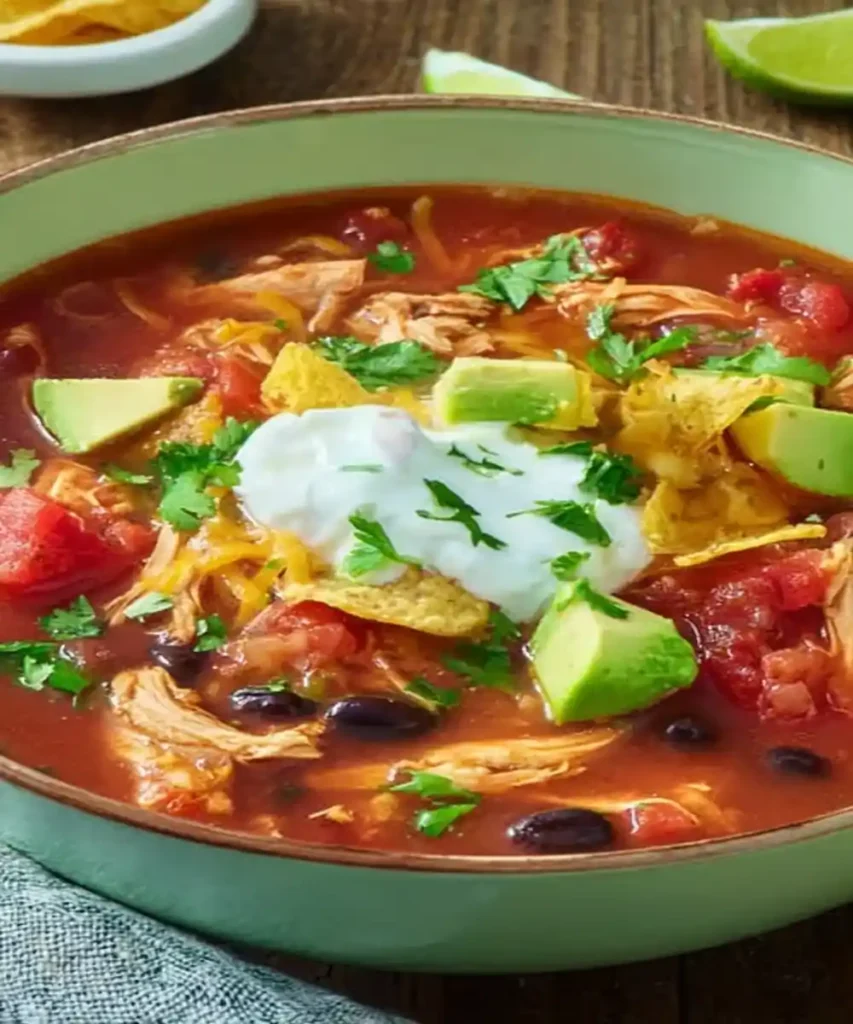 hearty chicken tortilla soup with avocado, black beans, tomatoes, and sour cream