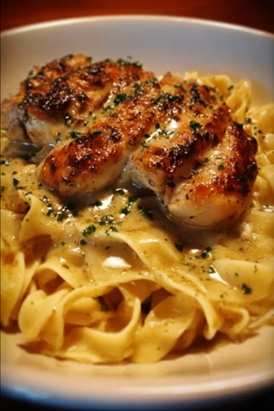 Plate of Chicken with Buttered Noodles garnished with herbs