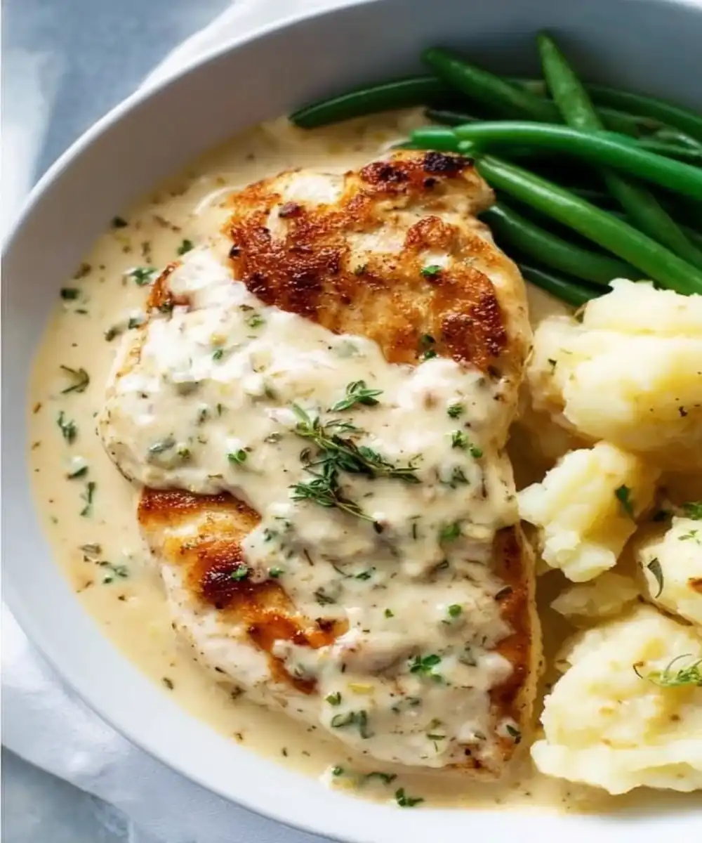 grilled chicken breast with creamy ranch sauce, green beans, and mashed potatoes