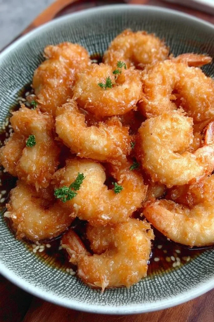 Delicious plate of Chinese Coconut Shrimp garnished with herbs