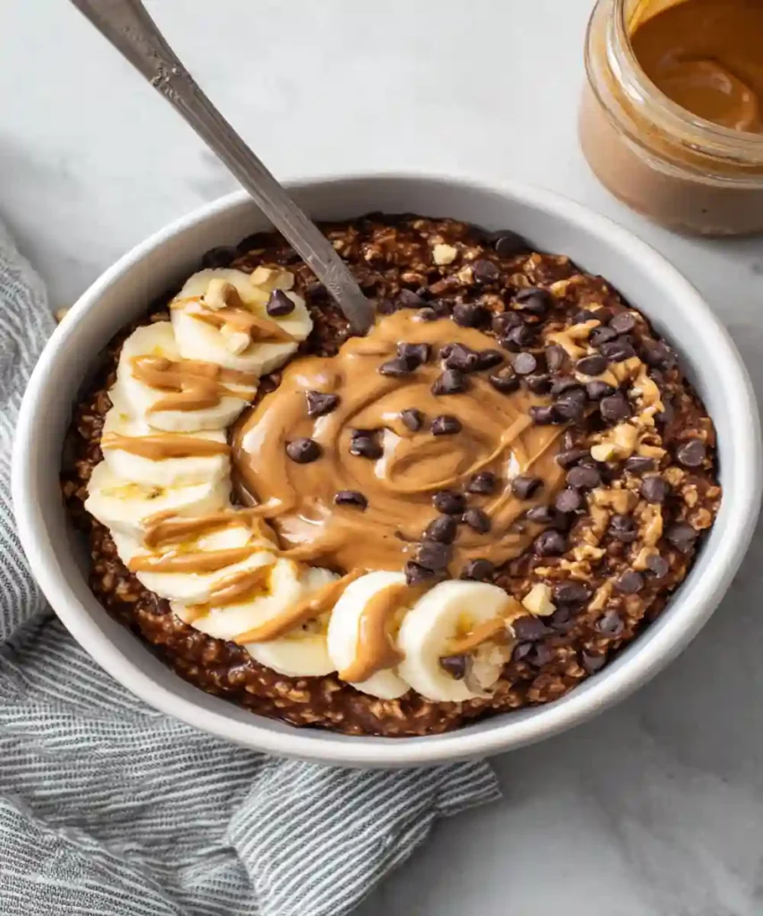 chocolate protein oats topped with peanut butter, banana slices, and chocolate chips