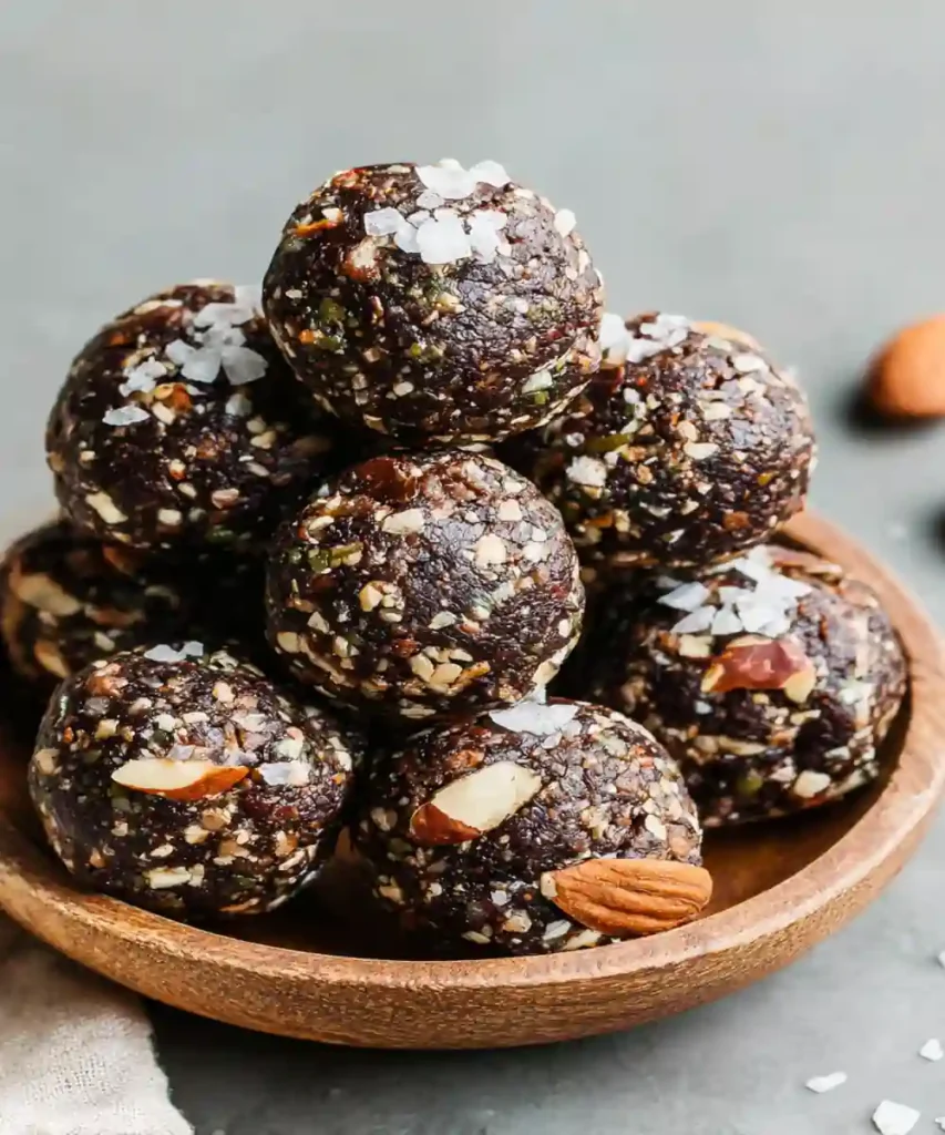 chocolate energy bites with chopped nuts and sea salt stacked in a wooden bowl