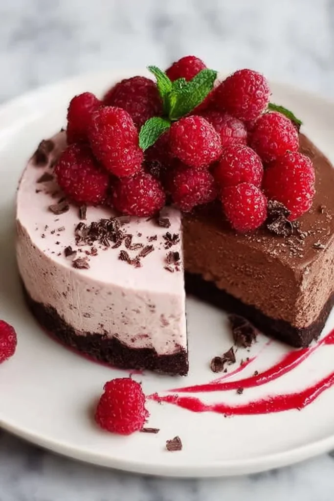 Delicious Chocolate Raspberry Mousse Cake with vibrant raspberry toppings