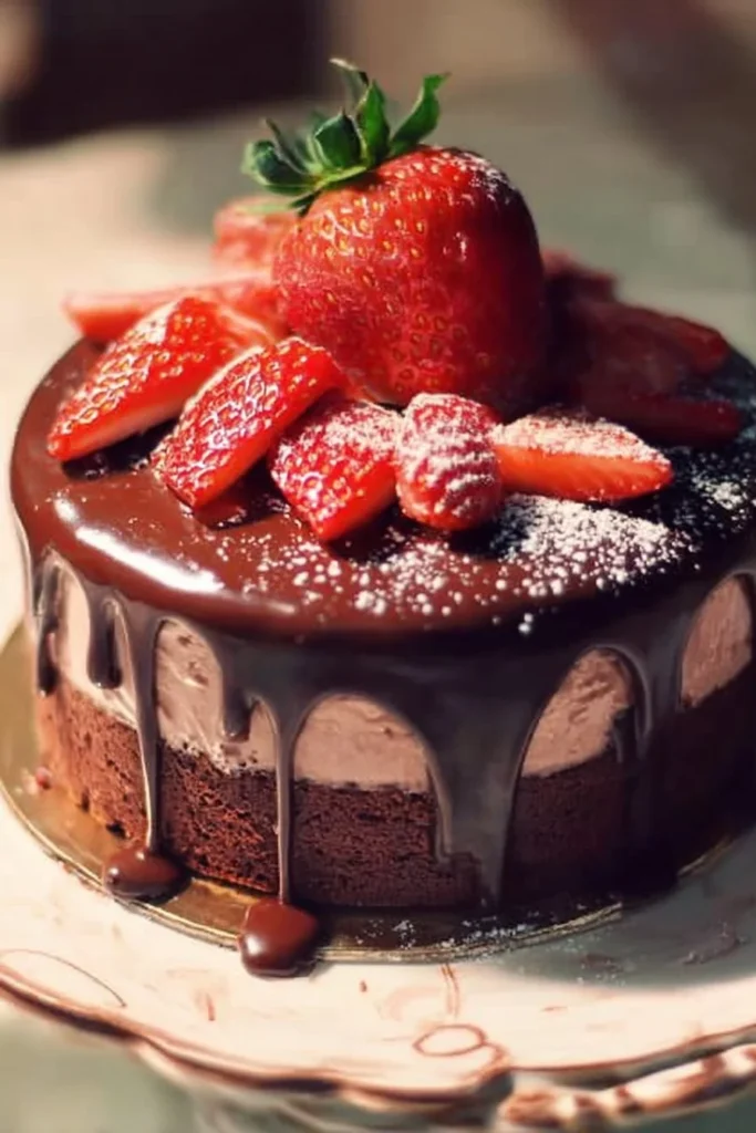 Delicious Chocolate Strawberry Cake topped with fresh strawberries and chocolate ganache